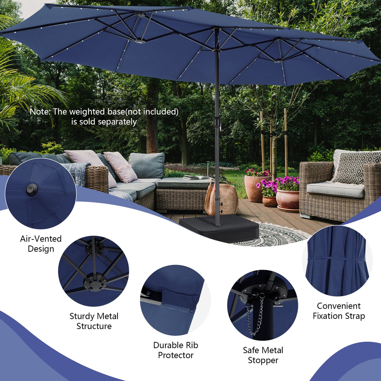15 Feet Twin Patio Umbrella with 48 Solar LED Lights-Navy Kids Crystal