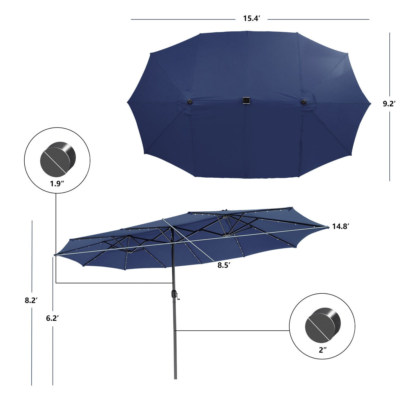 15 Feet Twin Patio Umbrella with 48 Solar LED Lights-Navy Kids Crystal