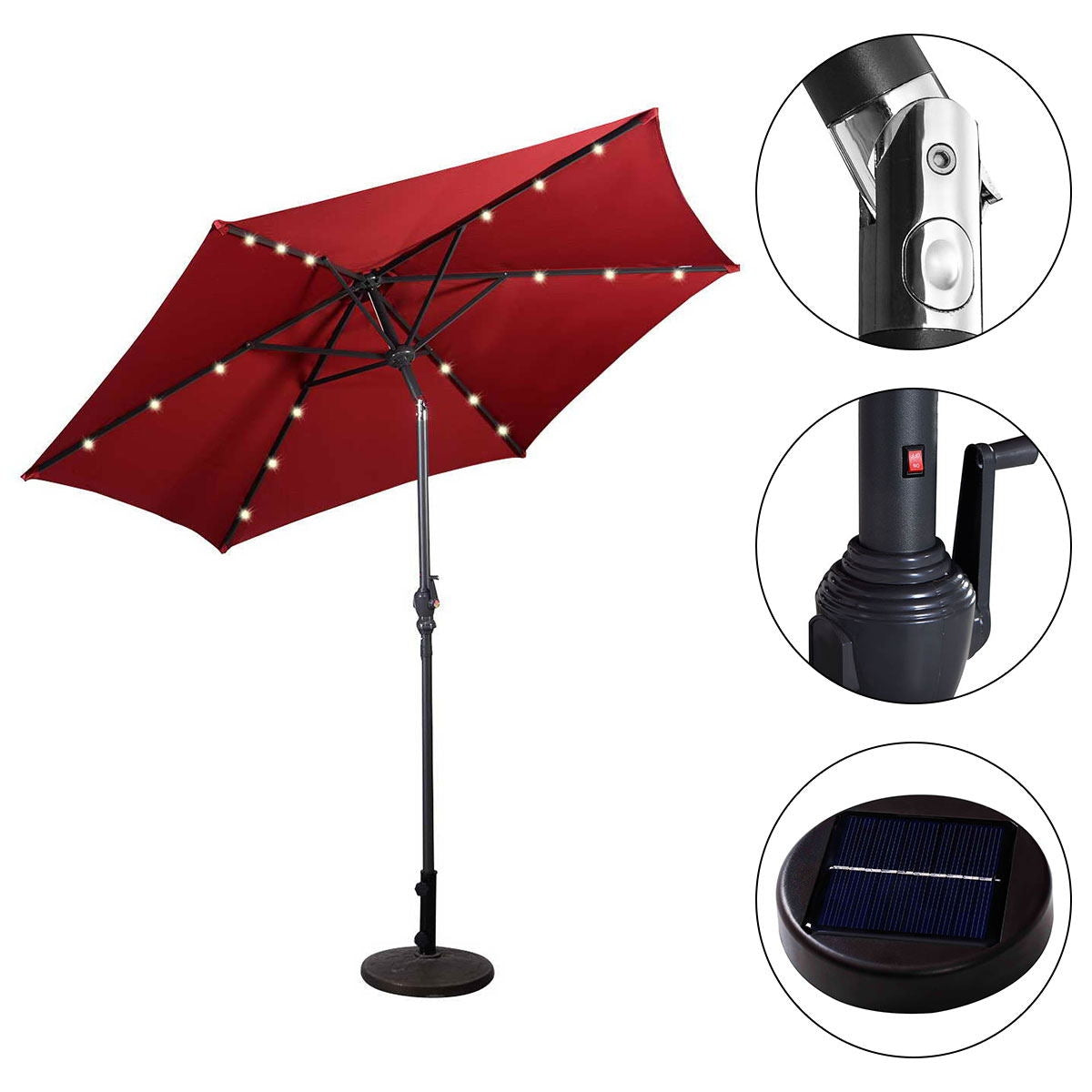 9' Solar LED Lighted Patio Market Umbrella Tilt Adjustment Crank Lift -Burgundy Kids Crystal