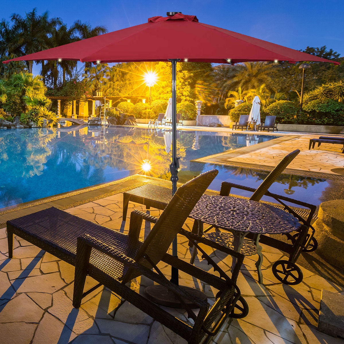 9' Solar LED Lighted Patio Market Umbrella Tilt Adjustment Crank Lift -Burgundy Kids Crystal