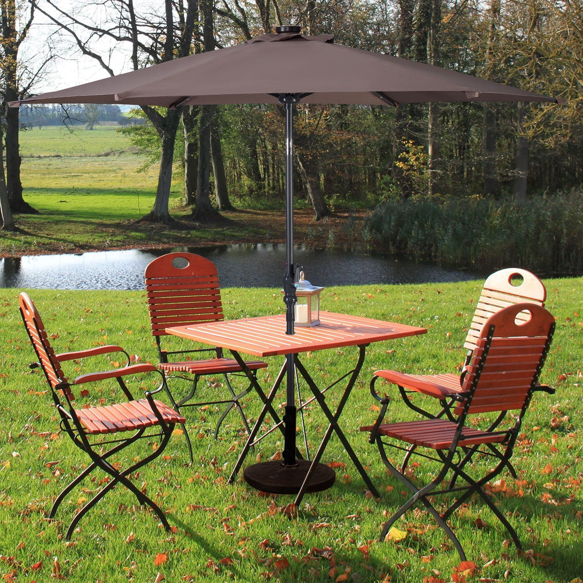 9' Solar LED Lighted Patio Market Umbrella Tilt Adjustment Crank Lift -Tan Kids Crystal