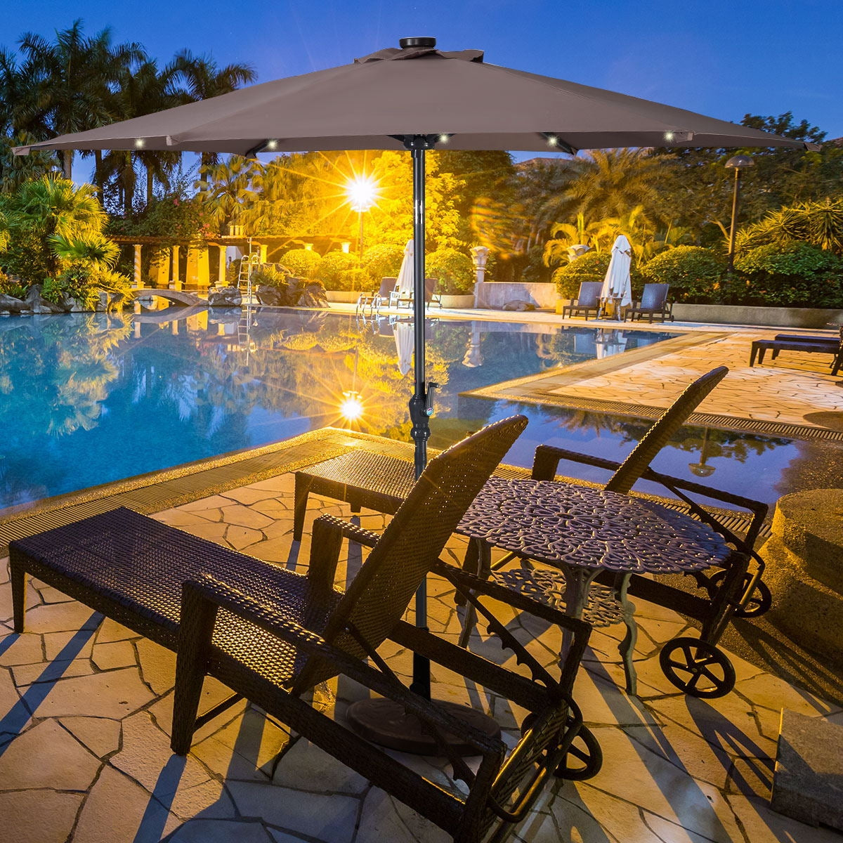 9' Solar LED Lighted Patio Market Umbrella Tilt Adjustment Crank Lift -Tan Kids Crystal