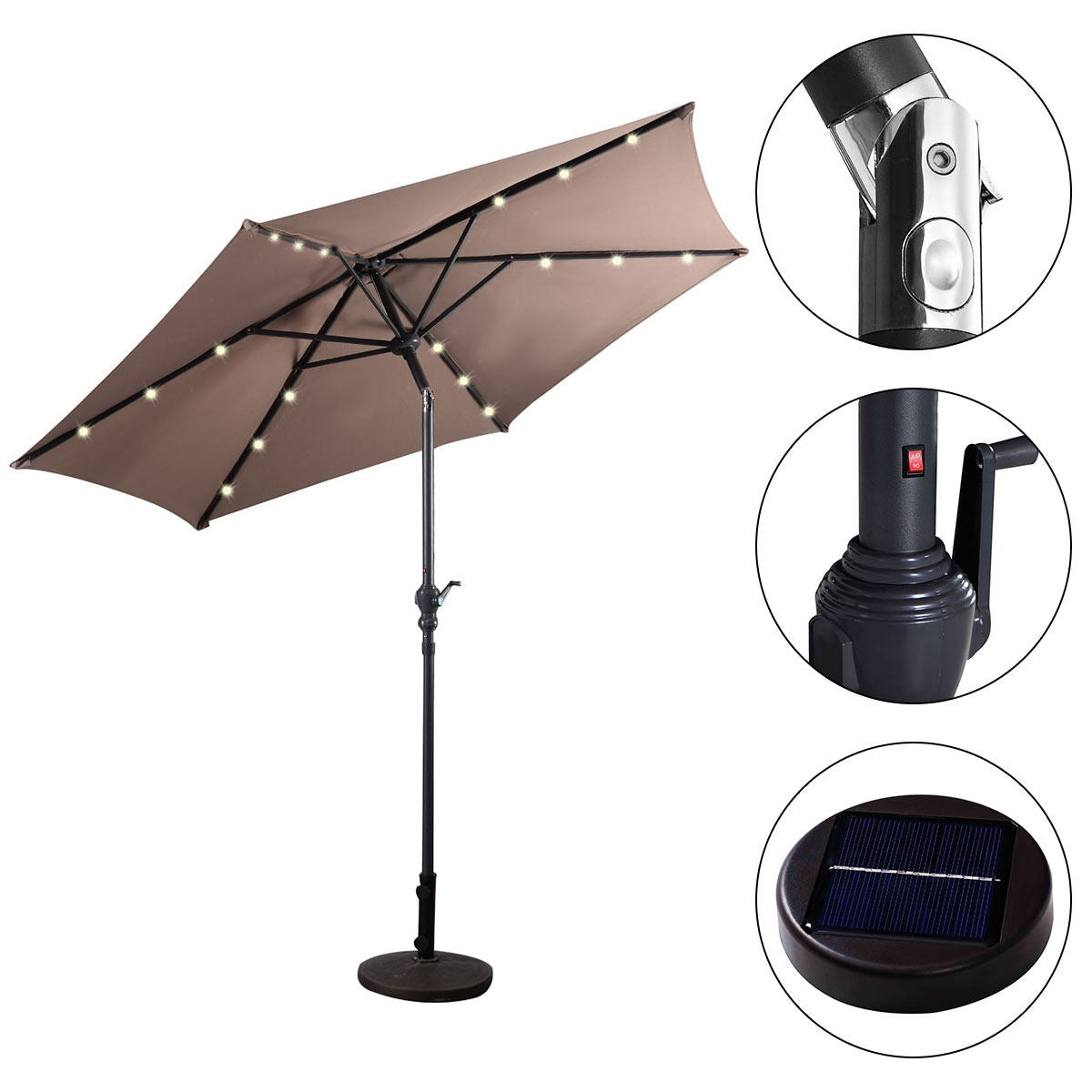 9' Solar LED Lighted Patio Market Umbrella Tilt Adjustment Crank Lift -Tan Kids Crystal