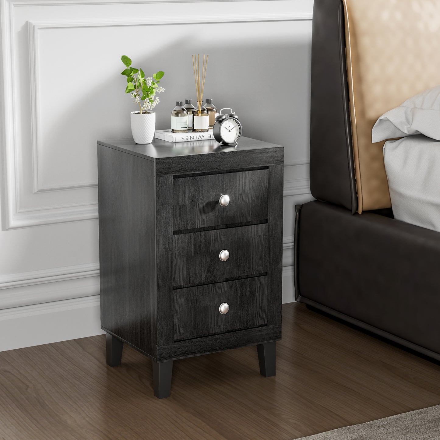Modern Nightstand with 3 Drawers for Bedroom Living Room-Black Kids Crystal
