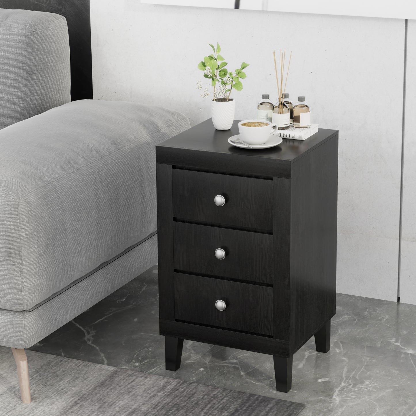 Modern Nightstand with 3 Drawers for Bedroom Living Room-Black Kids Crystal