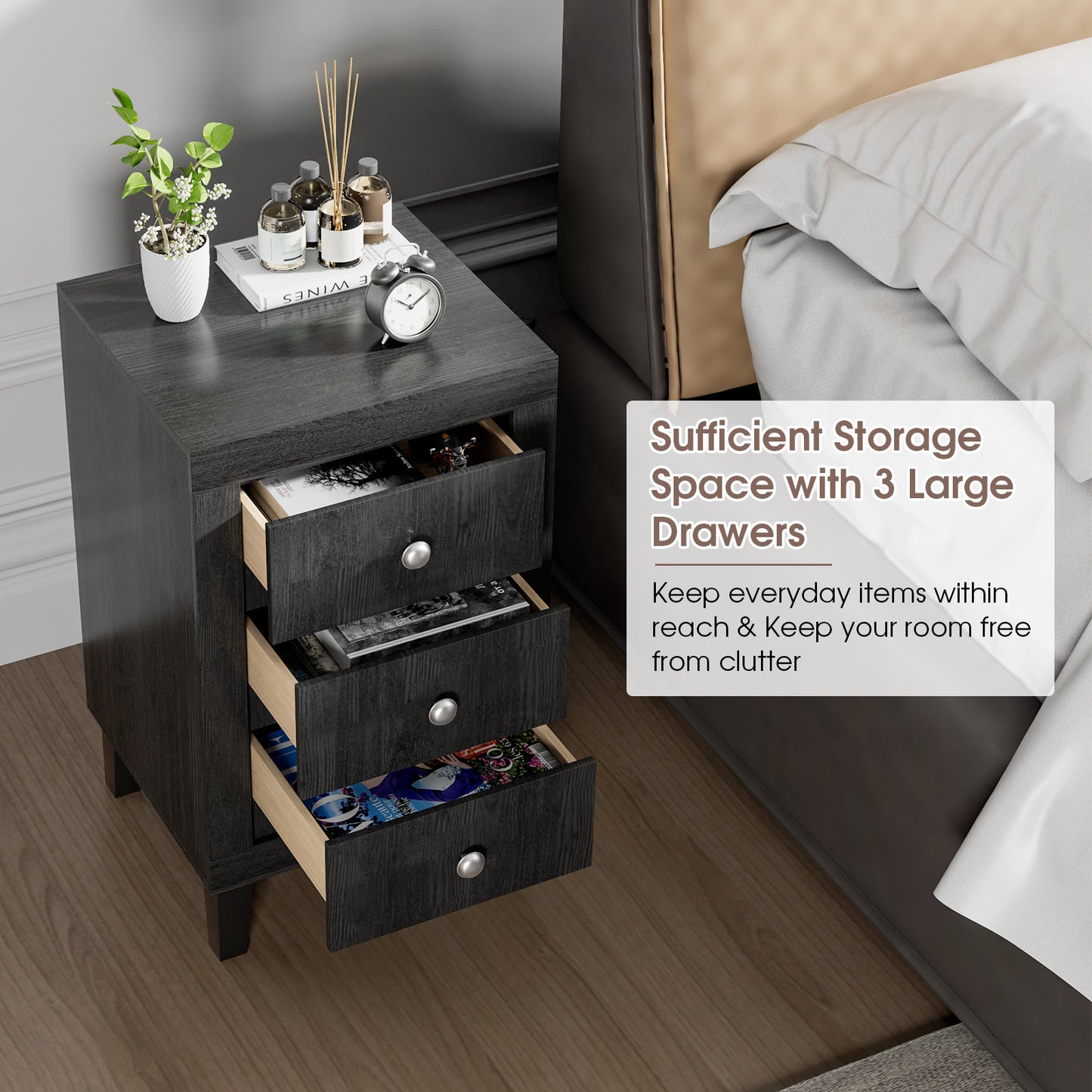 Modern Nightstand with 3 Drawers for Bedroom Living Room-Black Kids Crystal