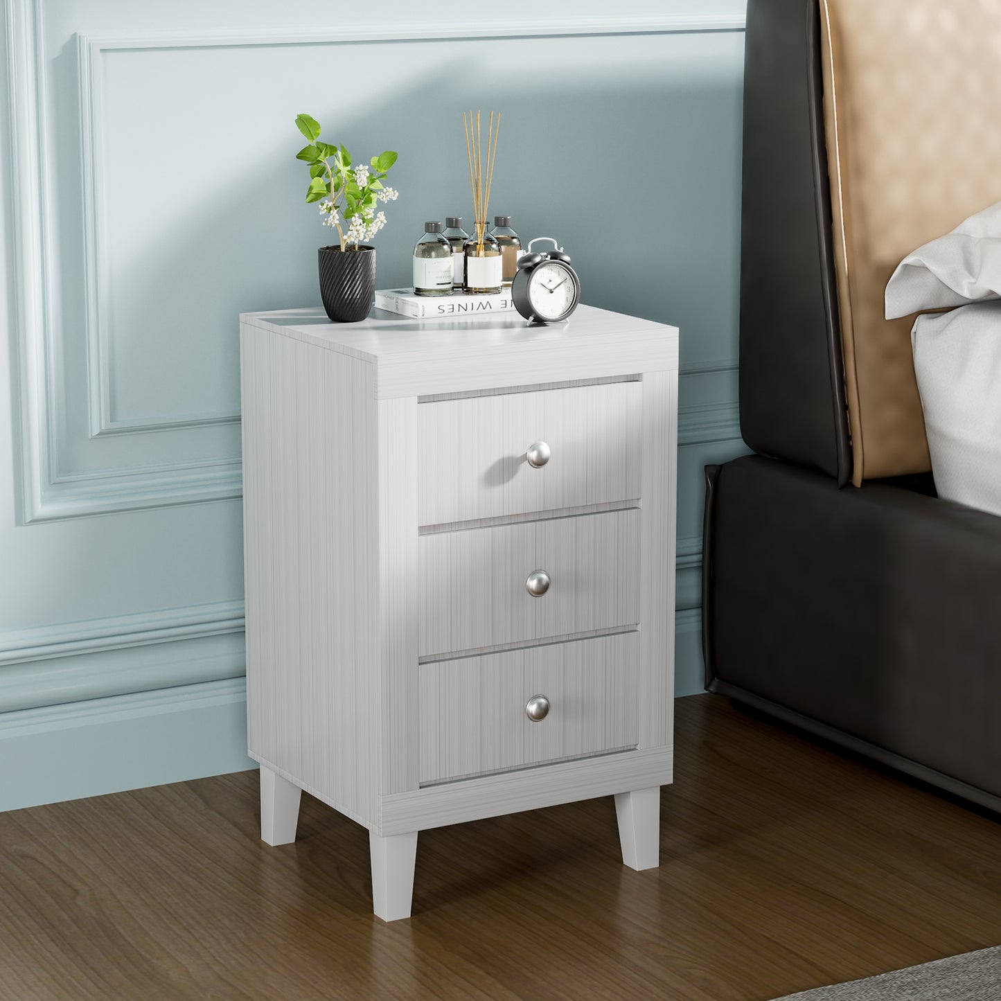Modern Nightstand with 3 Drawers for Bedroom Living Room-White Kids Crystal