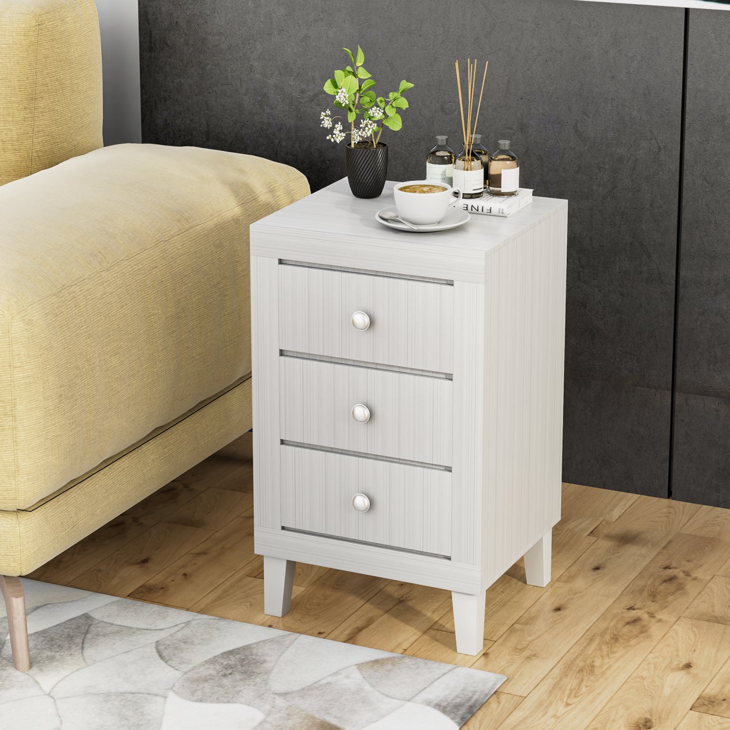 Modern Nightstand with 3 Drawers for Bedroom Living Room-White Kids Crystal