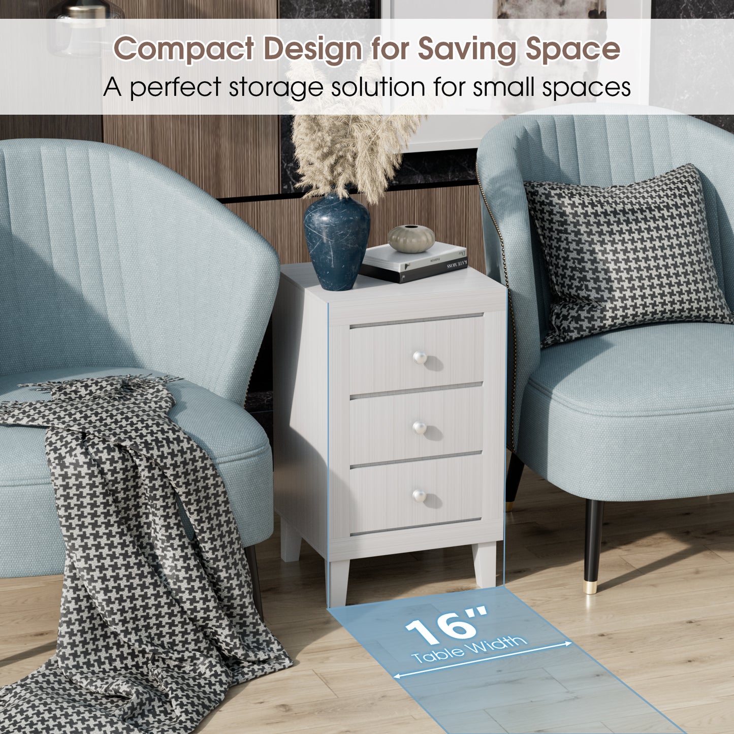 Modern Nightstand with 3 Drawers for Bedroom Living Room-White Kids Crystal