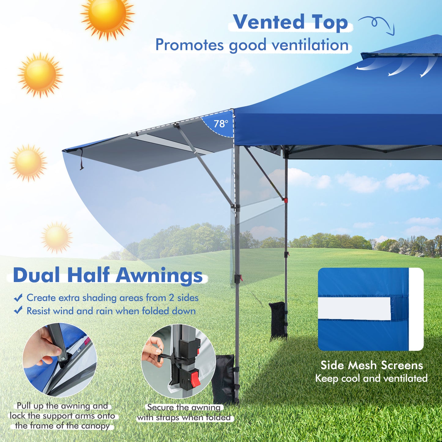 10 x 17.6 Feet Outdoor Instant Pop-up Canopy Tent with Dual Half Awnings-Blue Kids Crystal