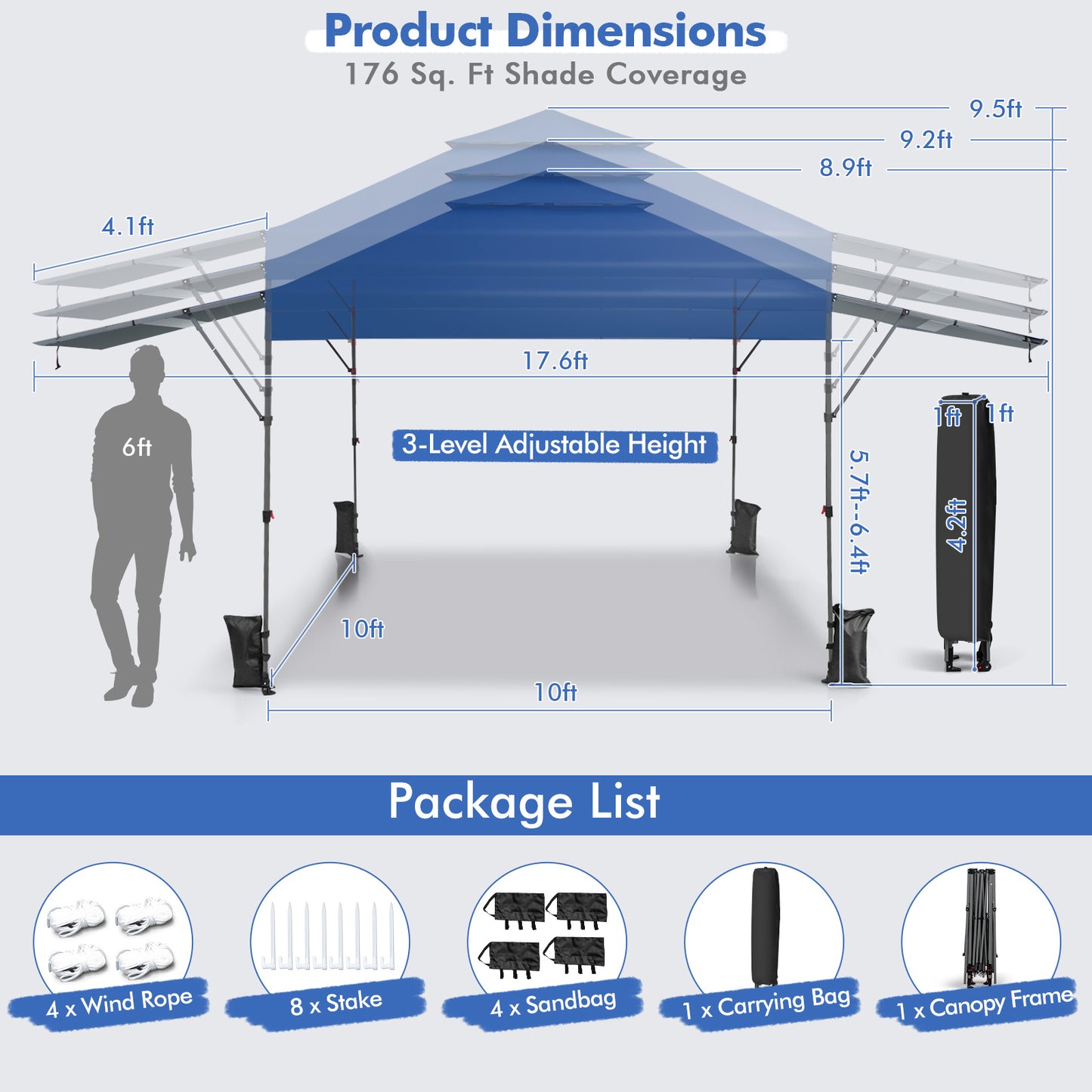 10 x 17.6 Feet Outdoor Instant Pop-up Canopy Tent with Dual Half Awnings-Blue Kids Crystal