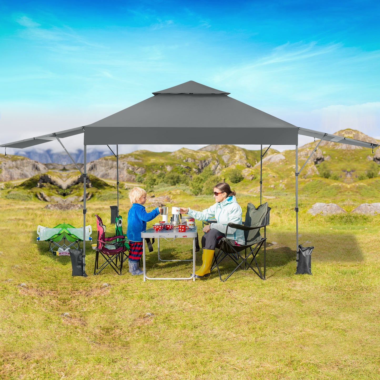 10 x 17.6 Feet Outdoor Instant Pop-up Canopy Tent with Dual Half Awnings-Gray Kids Crystal