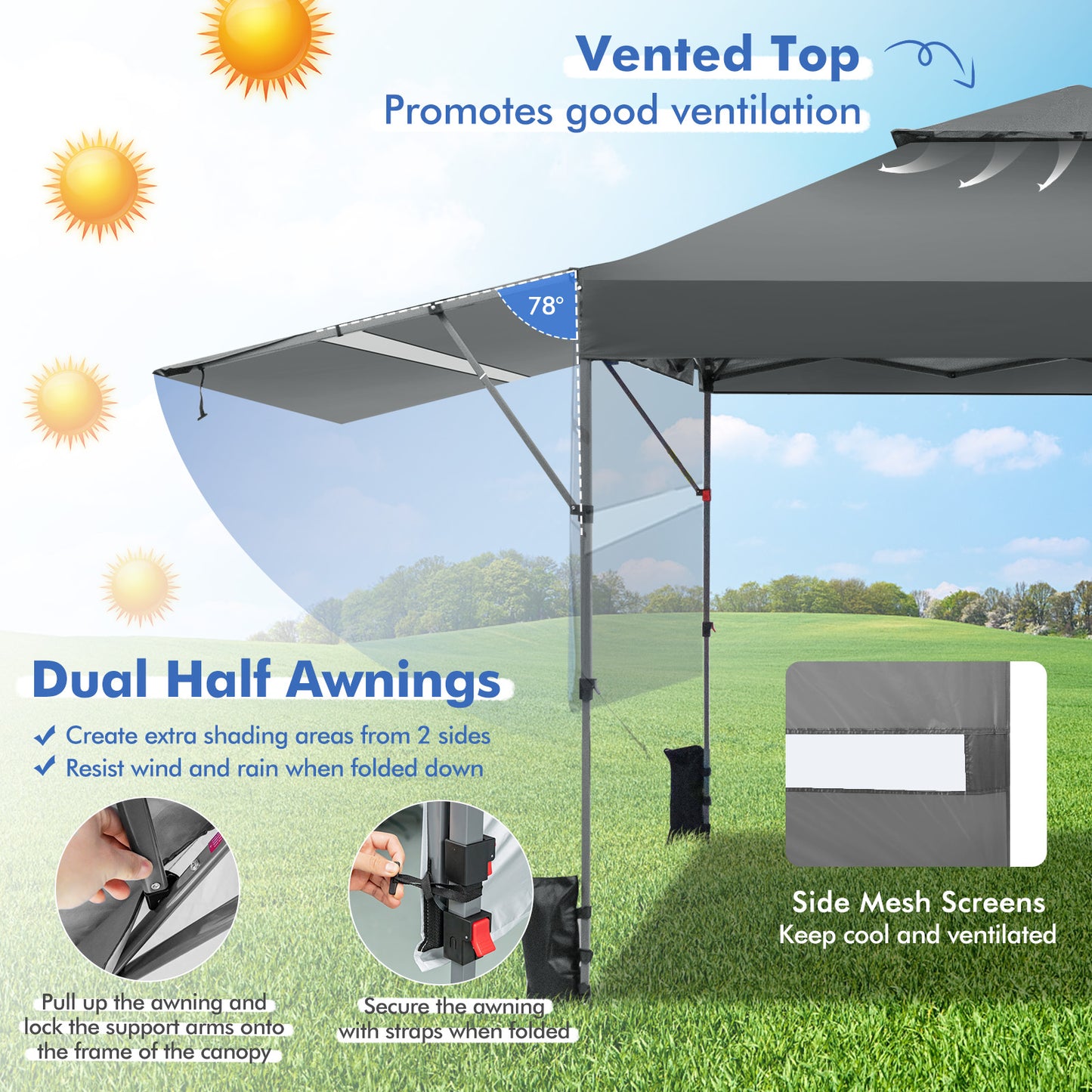 10 x 17.6 Feet Outdoor Instant Pop-up Canopy Tent with Dual Half Awnings-Gray Kids Crystal