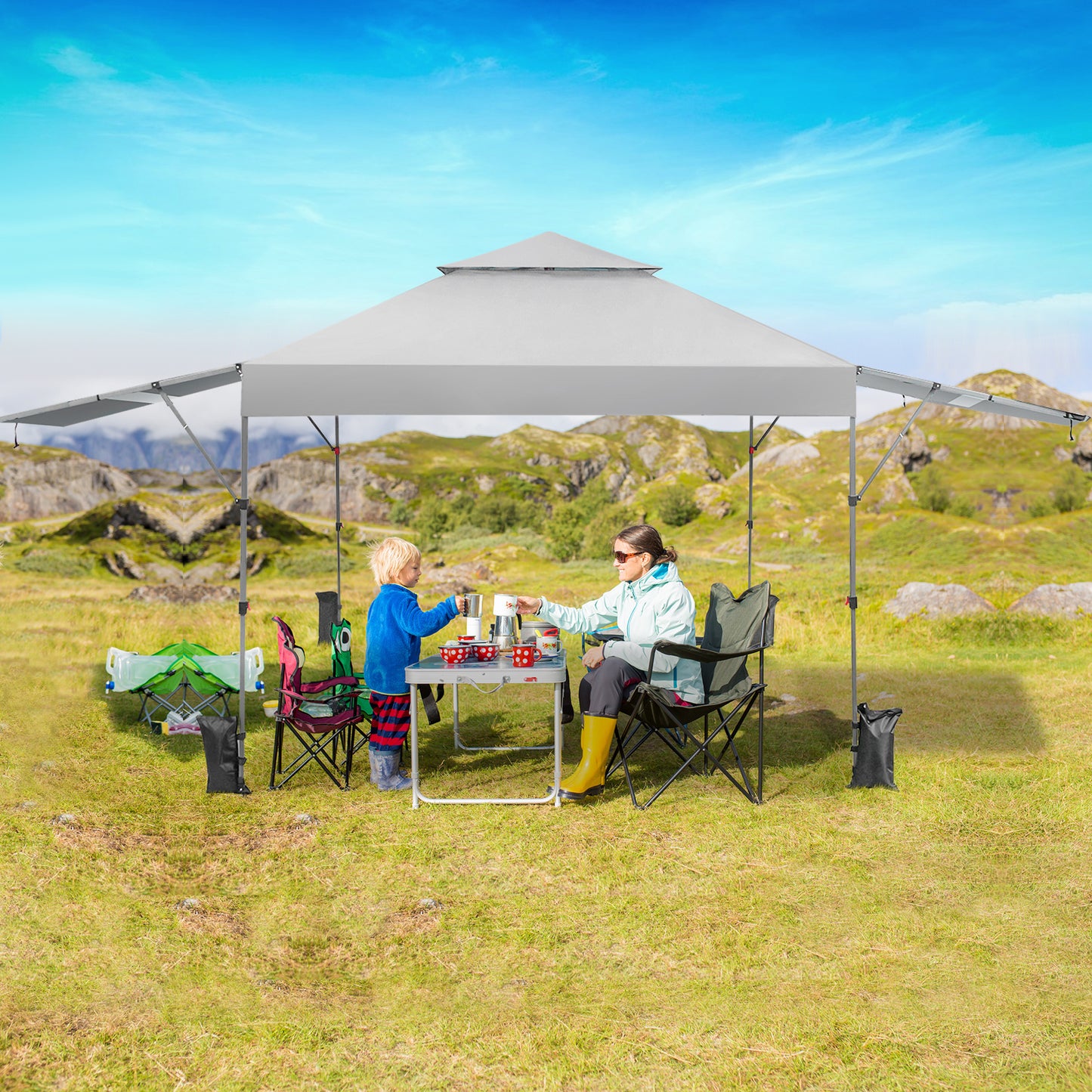 10 x 17.6 Feet Outdoor Instant Pop-up Canopy Tent with Dual Half Awnings-White Kids Crystal