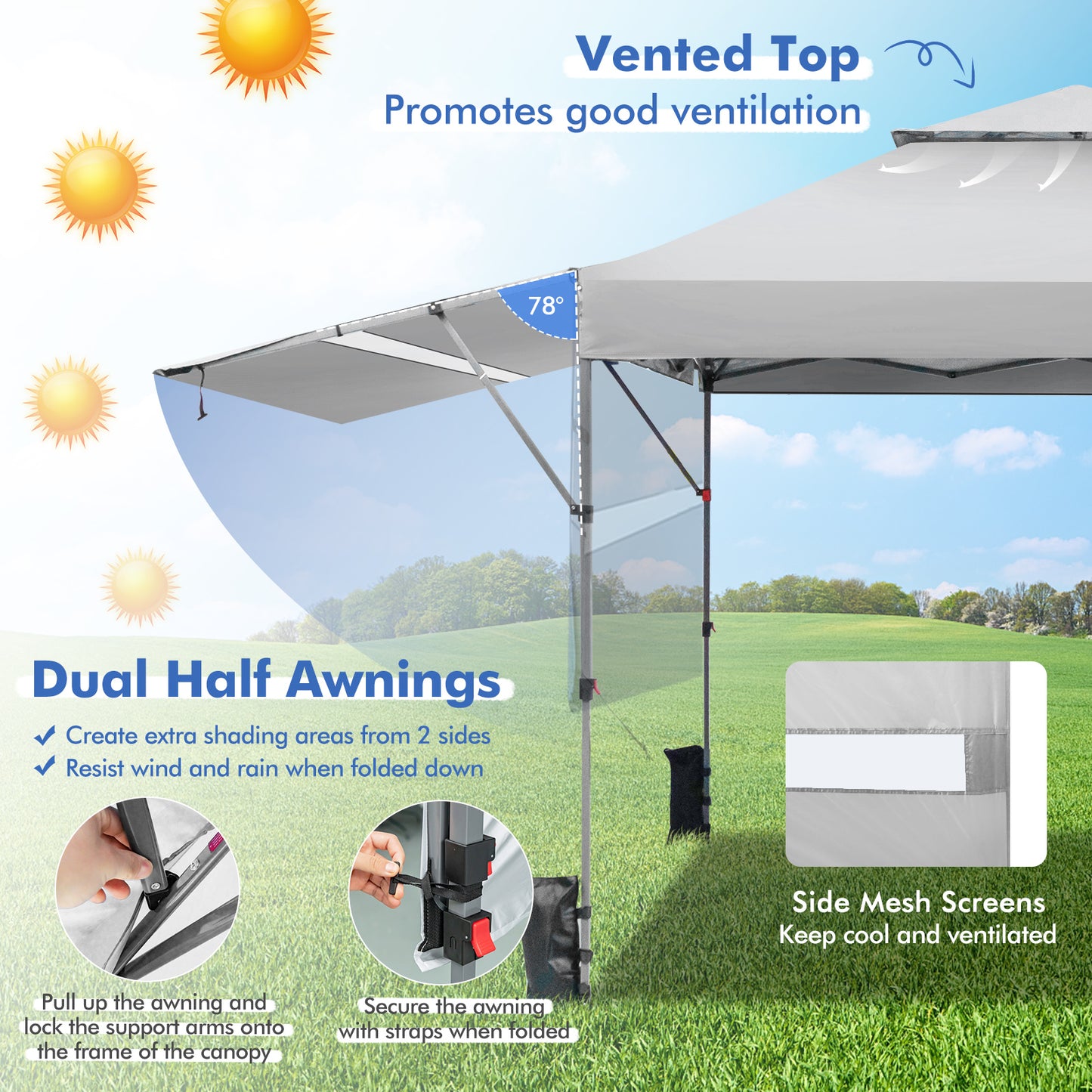 10 x 17.6 Feet Outdoor Instant Pop-up Canopy Tent with Dual Half Awnings-White Kids Crystal