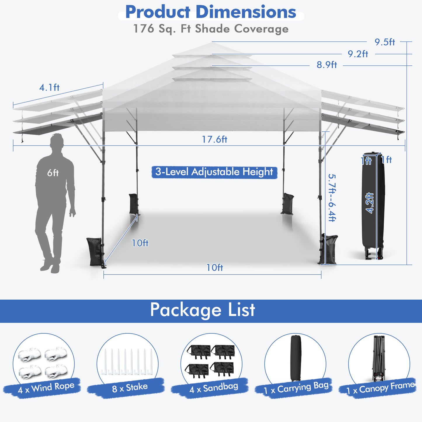 10 x 17.6 Feet Outdoor Instant Pop-up Canopy Tent with Dual Half Awnings-White Kids Crystal
