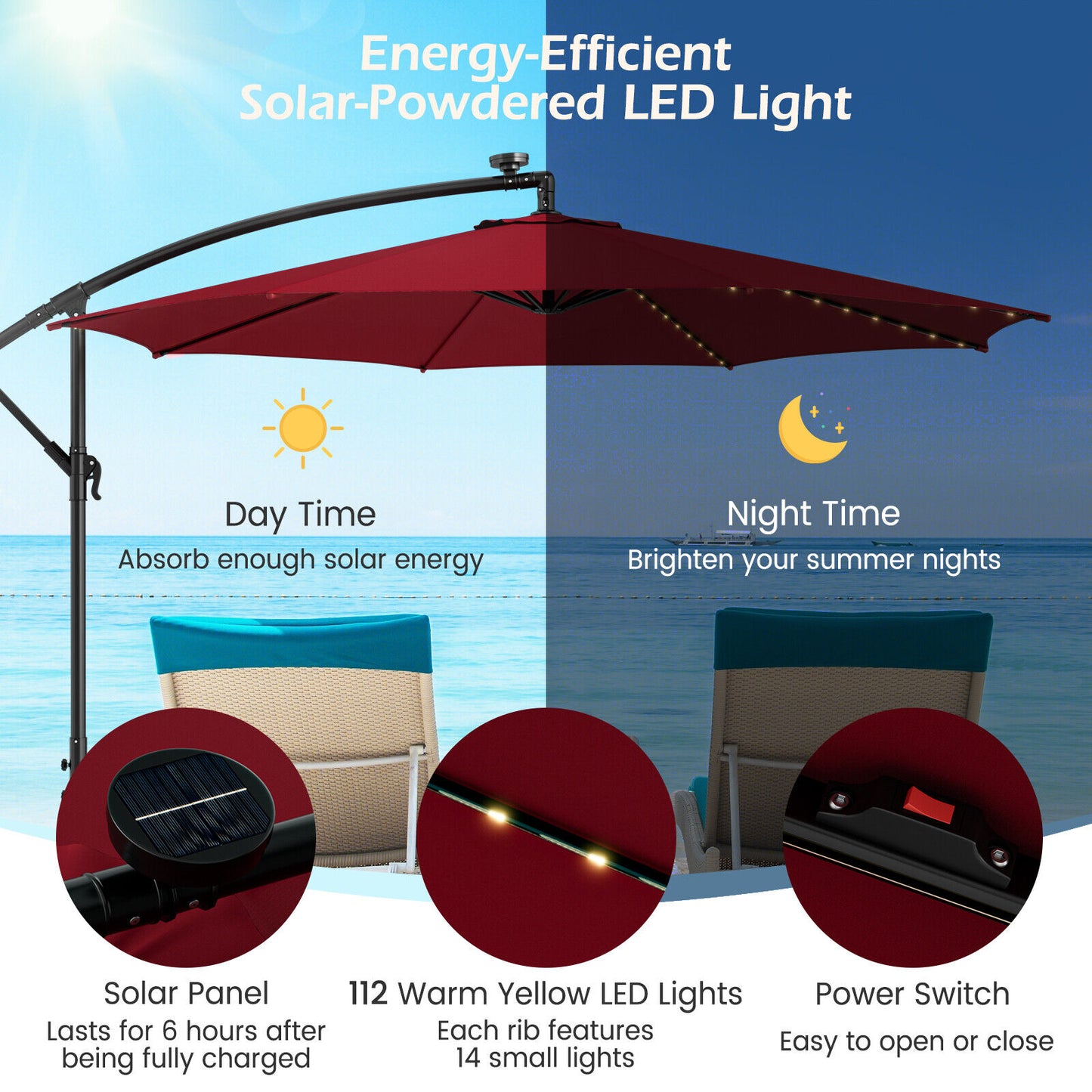 10 Feet Patio Offset Umbrella with 112 Solar-Powered LED Lights-Beige-Wine Kids Crystal