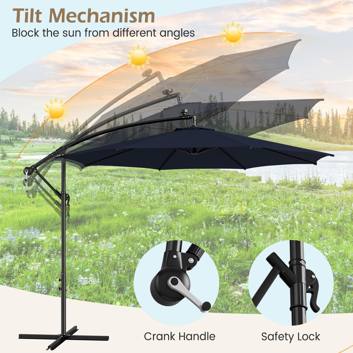 10 Feet Patio Offset Umbrella with 112 Solar-Powered LED Lights-Beige-Navy Kids Crystal