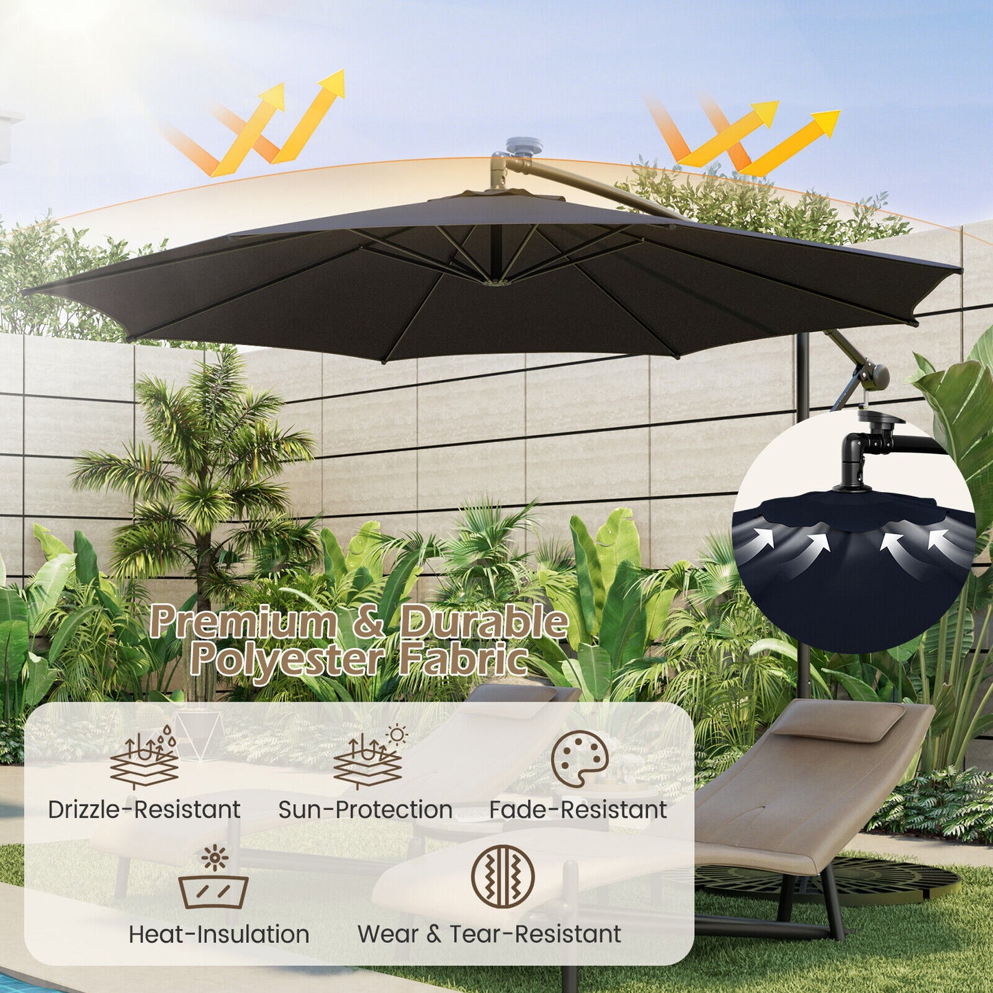 10 Feet Patio Offset Umbrella with 112 Solar-Powered LED Lights-Beige-Navy Kids Crystal