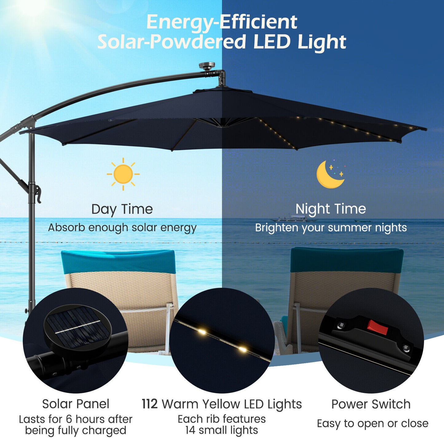 10 Feet Patio Offset Umbrella with 112 Solar-Powered LED Lights-Beige-Navy Kids Crystal