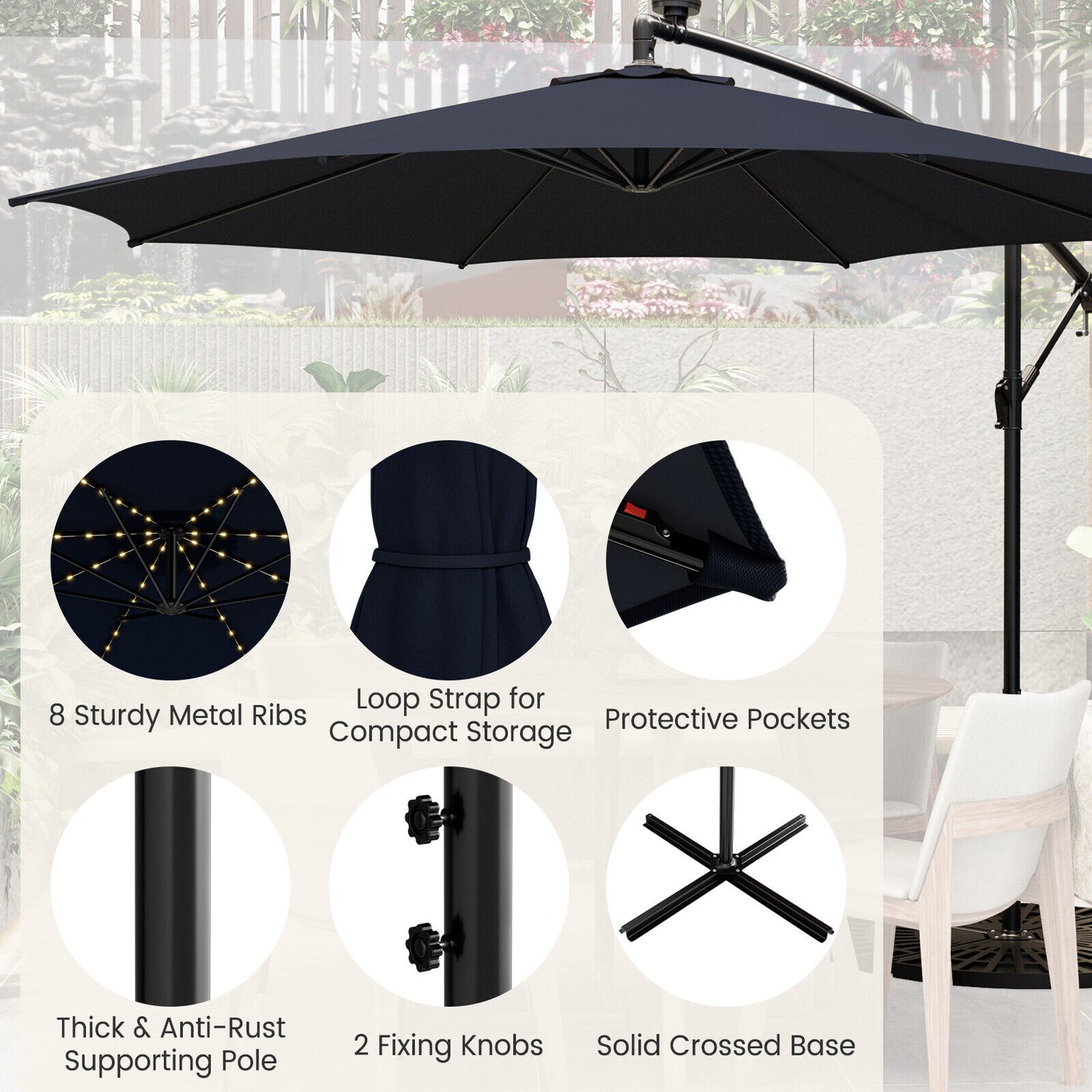 10 Feet Patio Offset Umbrella with 112 Solar-Powered LED Lights-Beige-Navy Kids Crystal