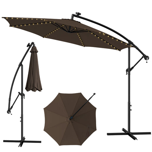 10 Feet Patio Offset Umbrella with 112 Solar-Powered LED Lights-Beige-Coffee Kids Crystal