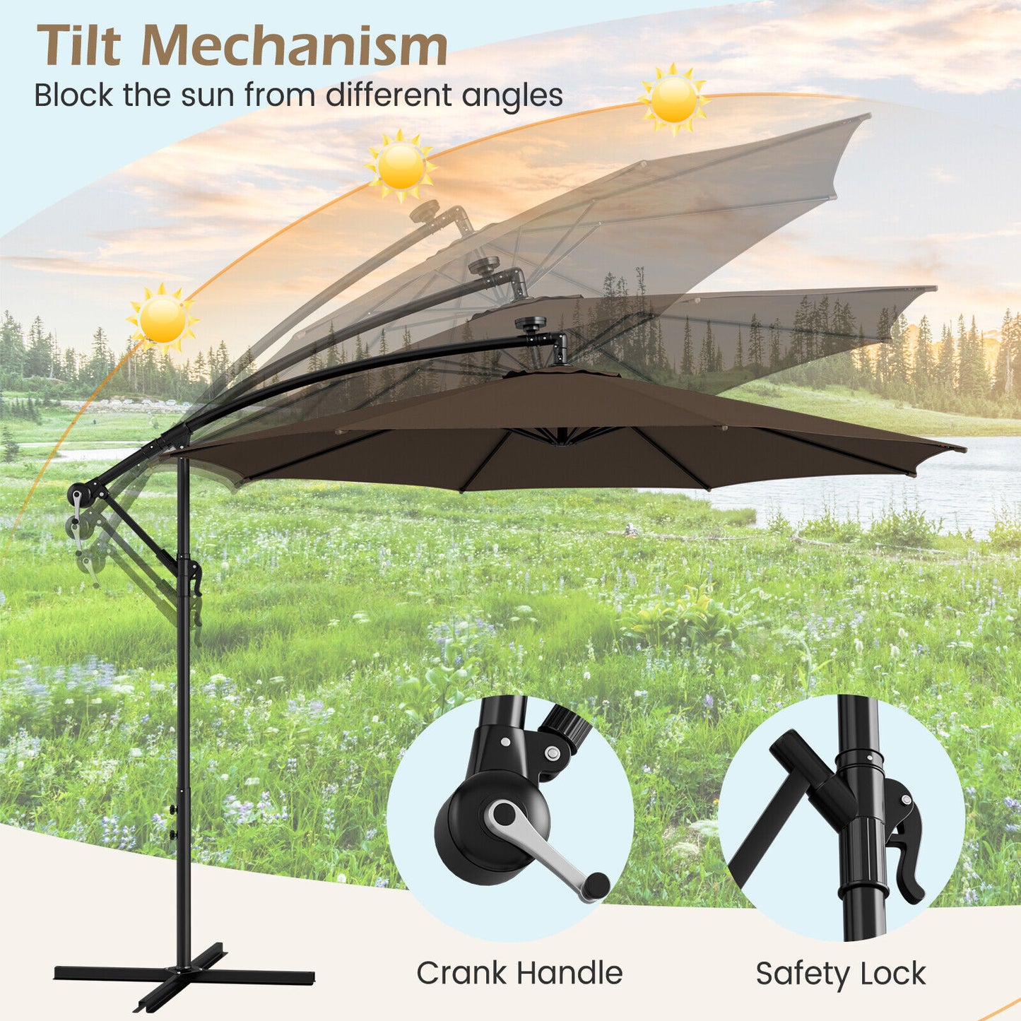 10 Feet Patio Offset Umbrella with 112 Solar-Powered LED Lights-Beige-Coffee Kids Crystal