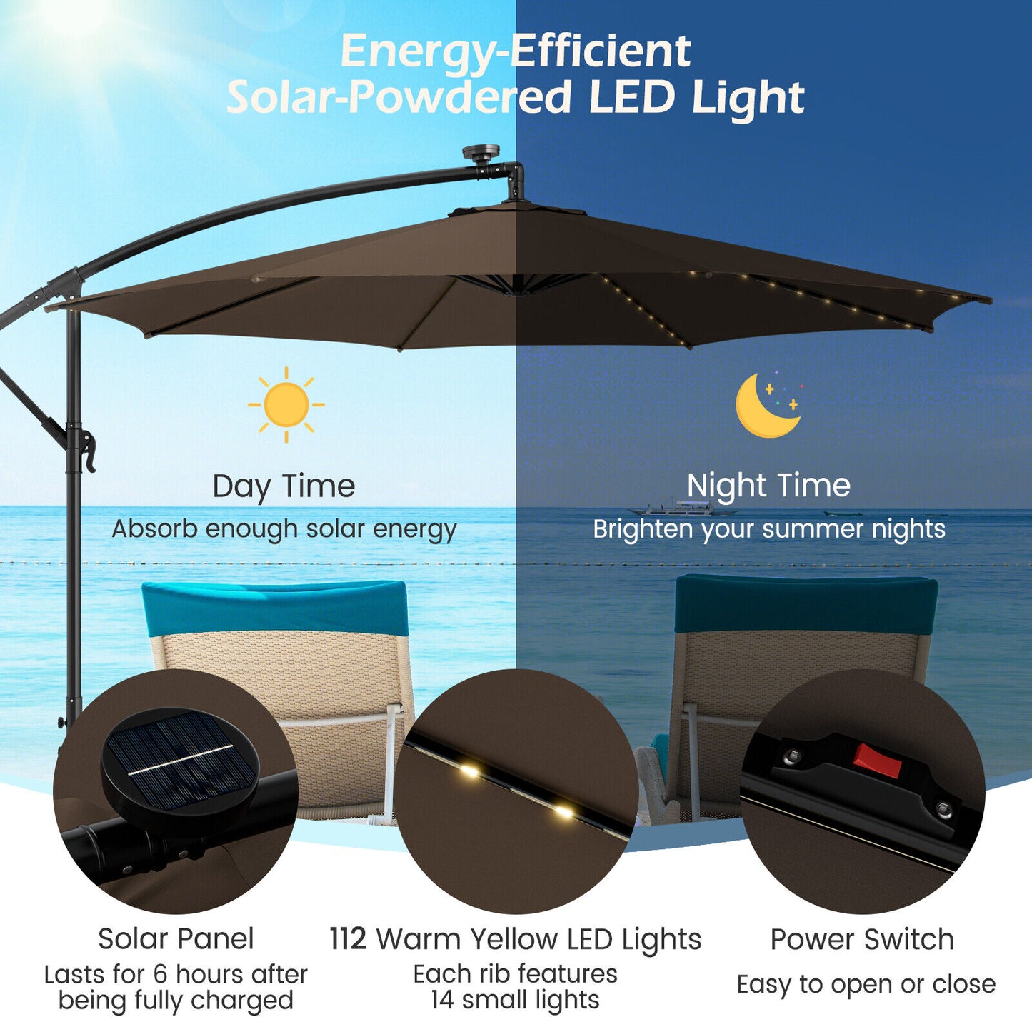 10 Feet Patio Offset Umbrella with 112 Solar-Powered LED Lights-Beige-Coffee Kids Crystal