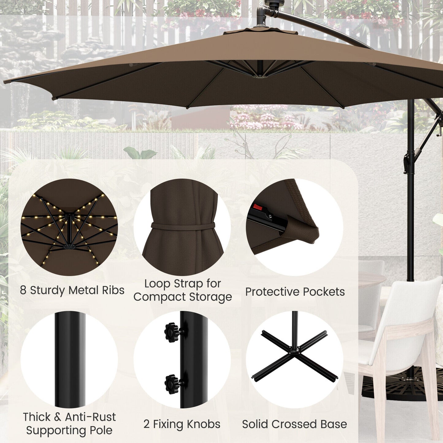 10 Feet Patio Offset Umbrella with 112 Solar-Powered LED Lights-Beige-Coffee Kids Crystal