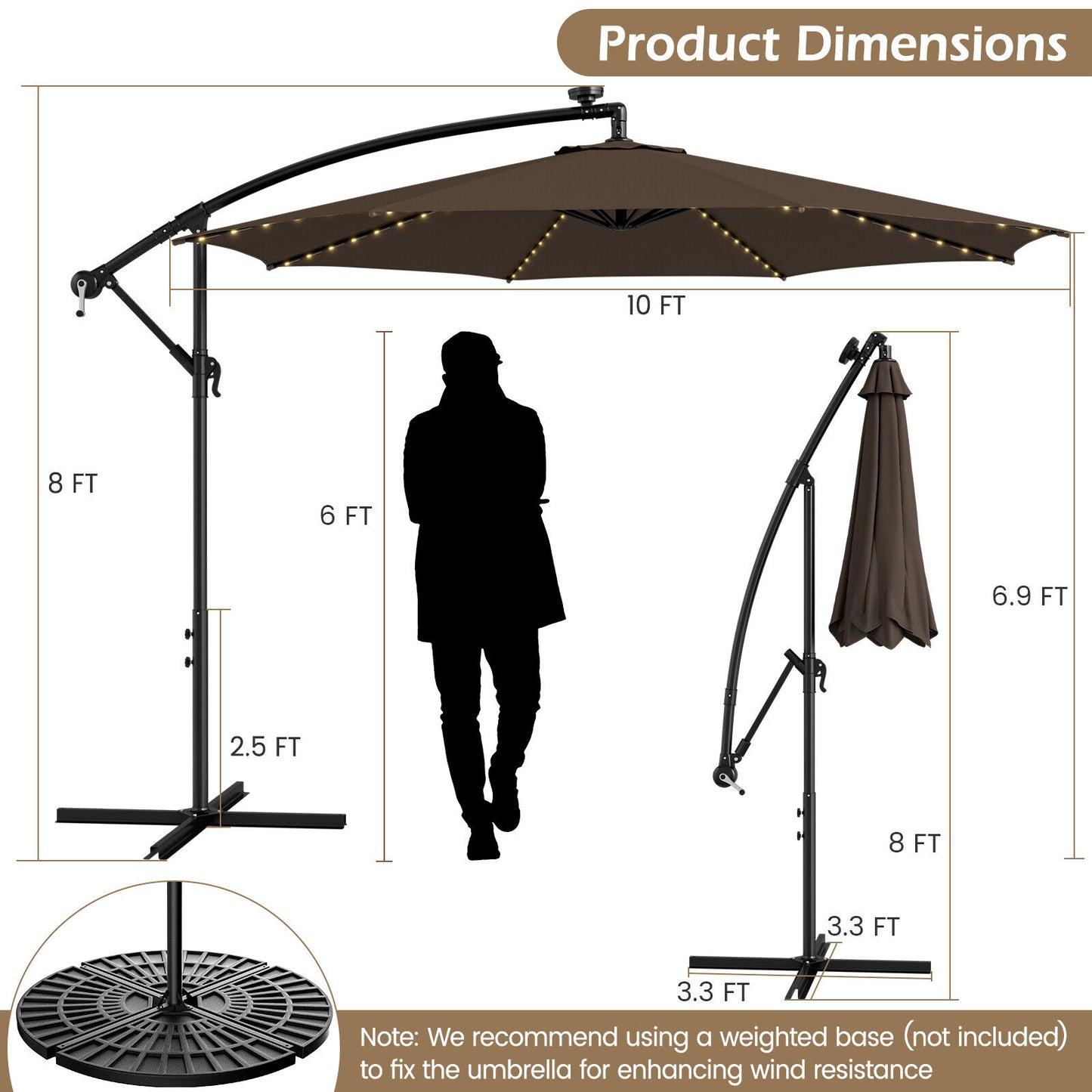10 Feet Patio Offset Umbrella with 112 Solar-Powered LED Lights-Beige-Coffee Kids Crystal