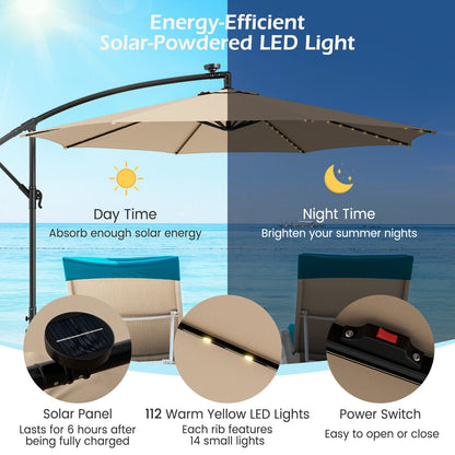 10 Feet Patio Offset Umbrella with 112 Solar-Powered LED Lights-Beige-Beige