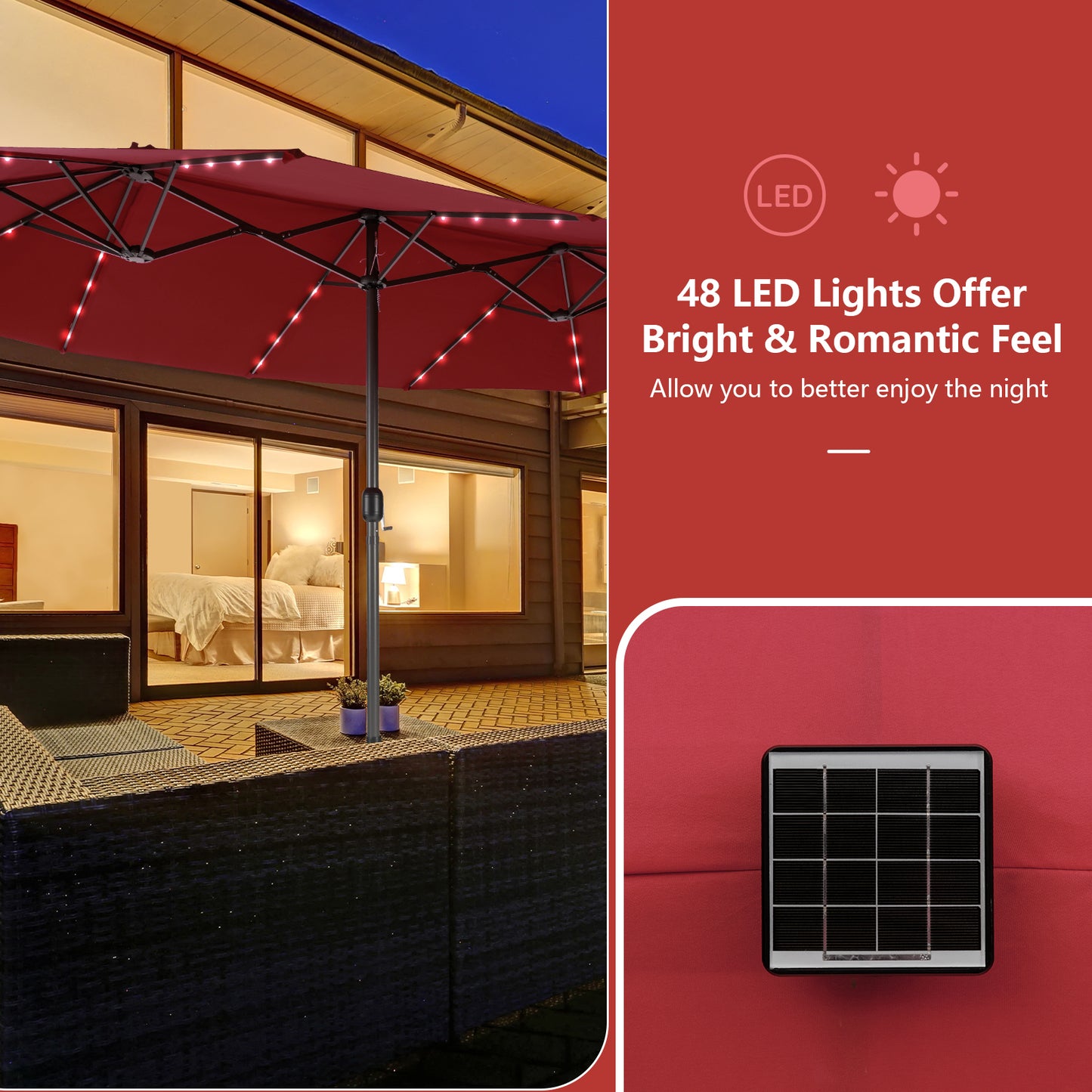 15 Feet Double-Sided Patio Umbrella with 48 LED Lights-Wine Kids Crystal