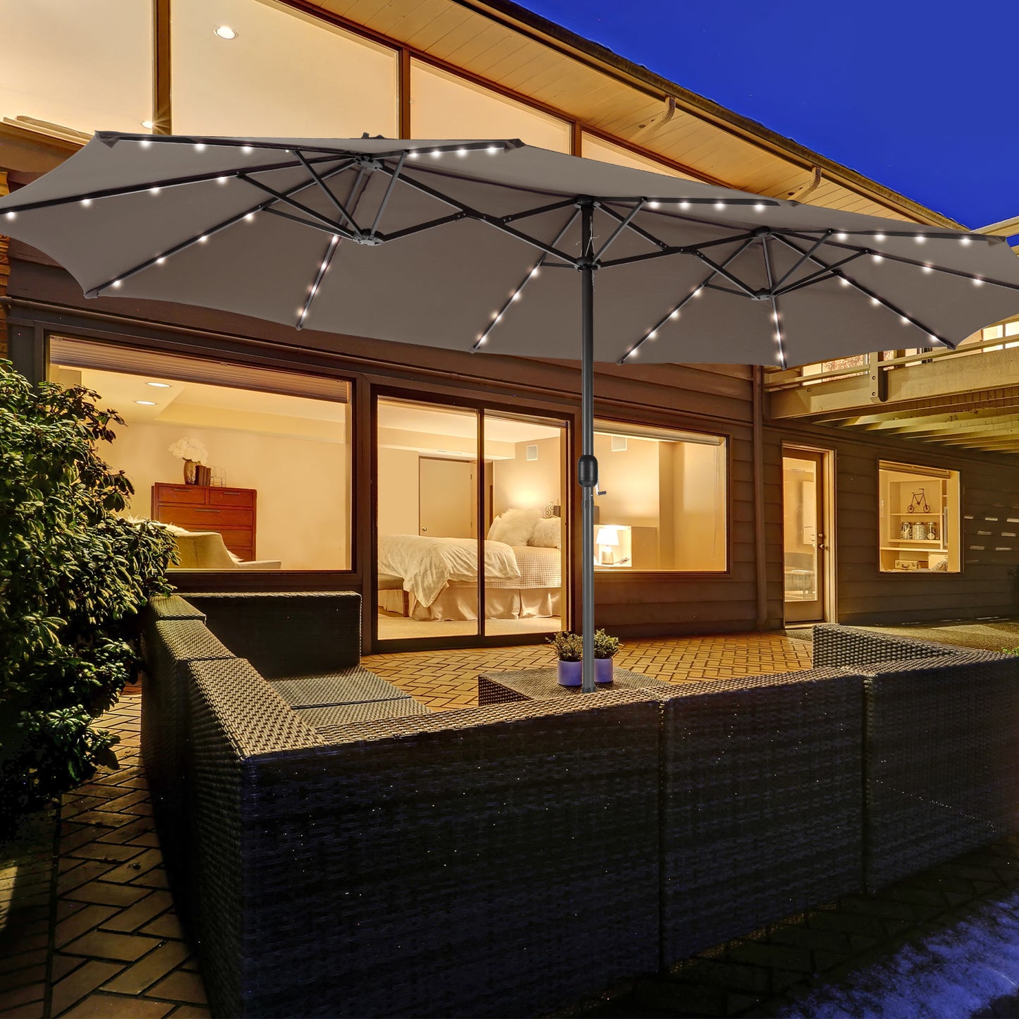 15 Feet Double-Sided Patio Umbrella with 48 LED Lights-Brown Kids Crystal