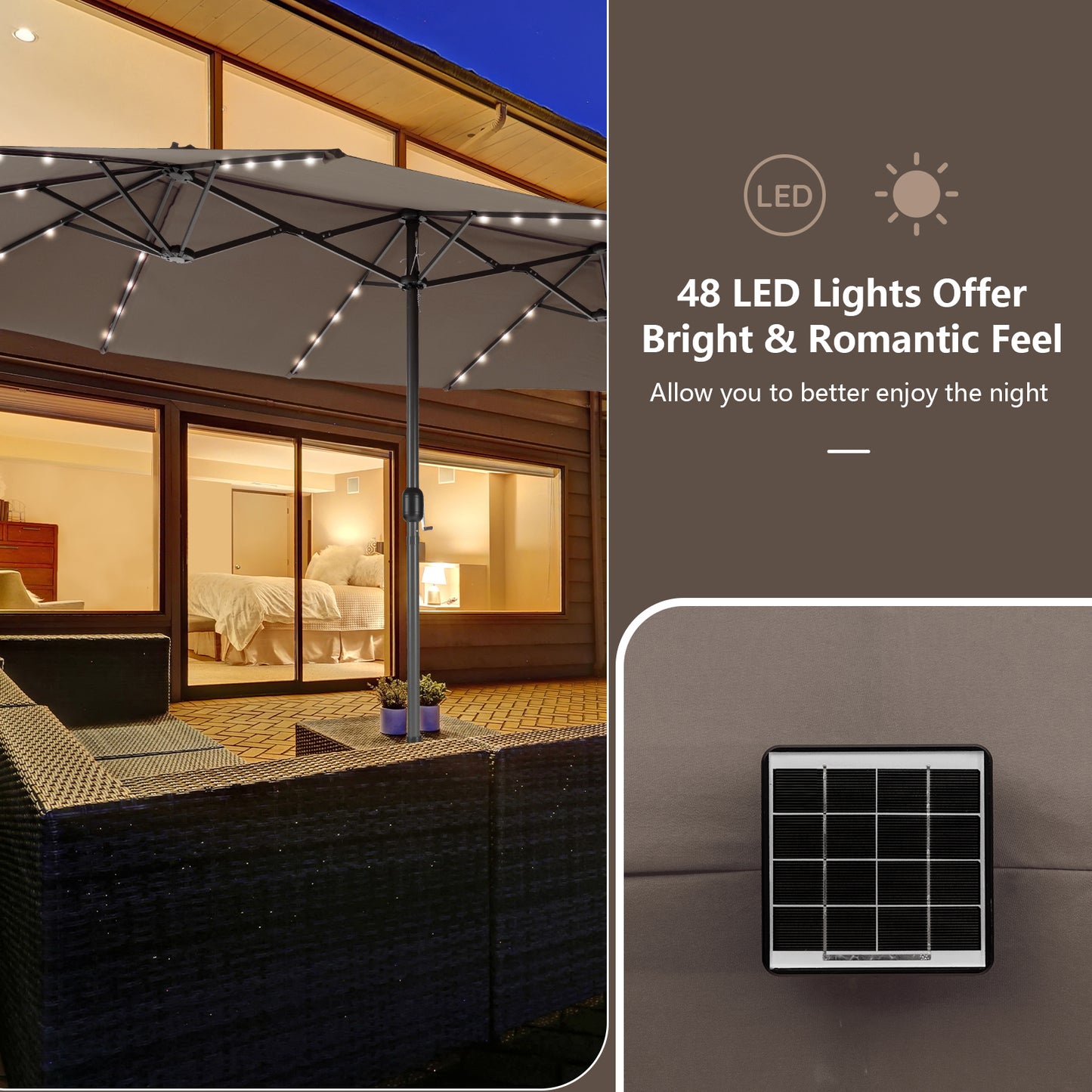15 Feet Double-Sided Patio Umbrella with 48 LED Lights-Brown Kids Crystal