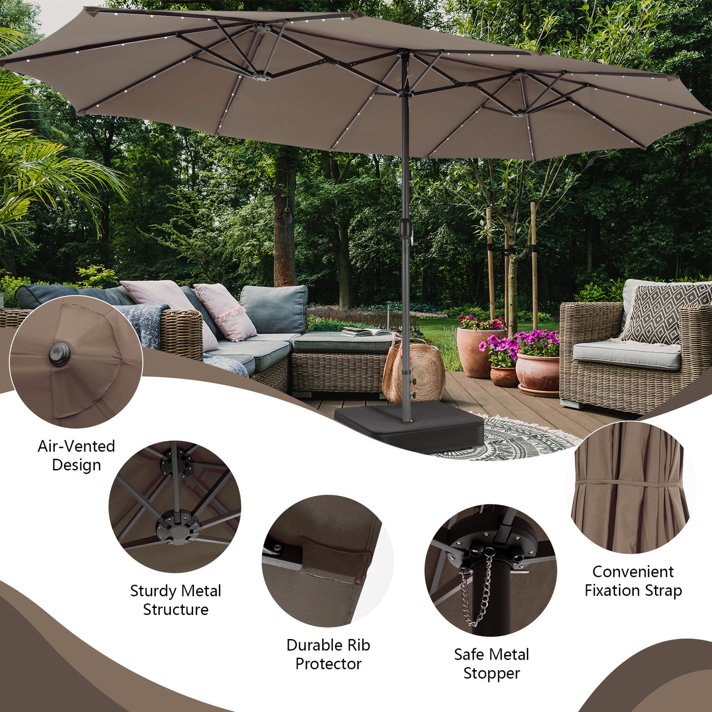 15 Feet Double-Sided Patio Umbrella with 48 LED Lights-Brown Kids Crystal