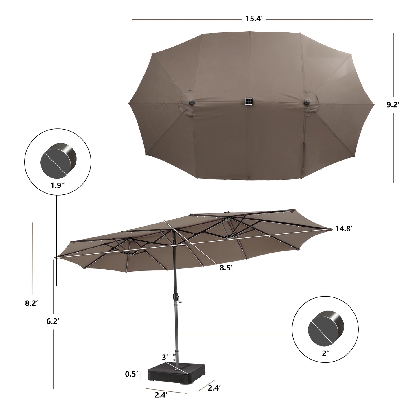 15 Feet Double-Sided Patio Umbrella with 48 LED Lights-Brown Kids Crystal