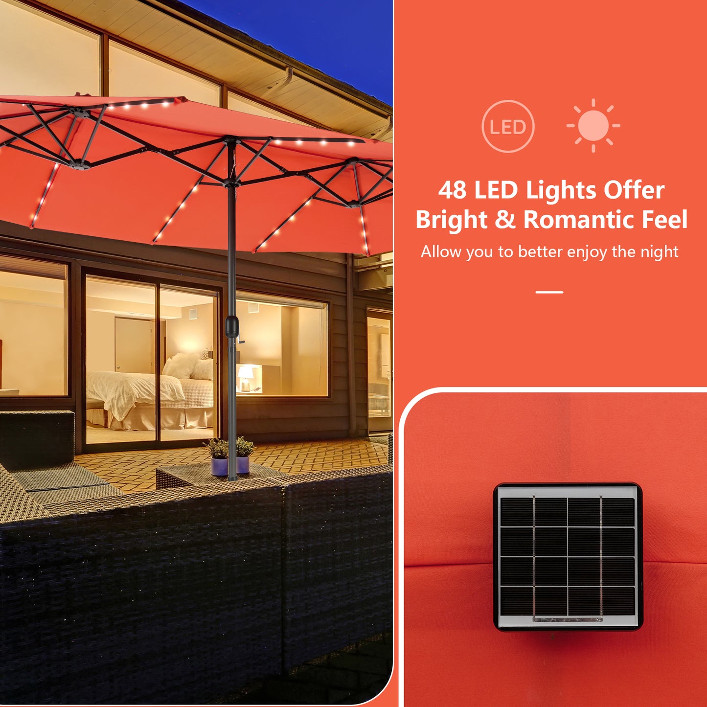 15 Feet Double-Sided Patio Umbrella with 48 LED Lights-Orange Kids Crystal