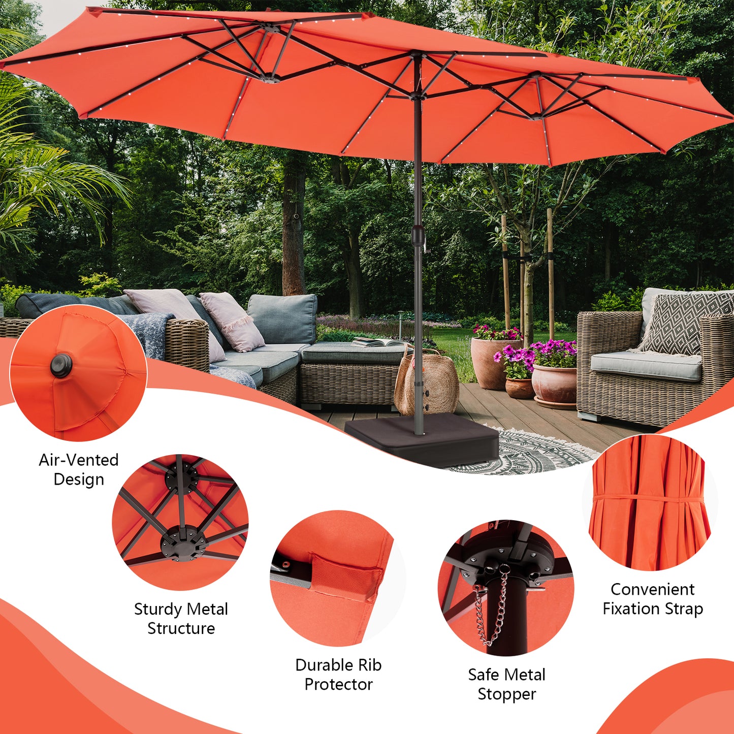 15 Feet Double-Sided Patio Umbrella with 48 LED Lights-Orange Kids Crystal