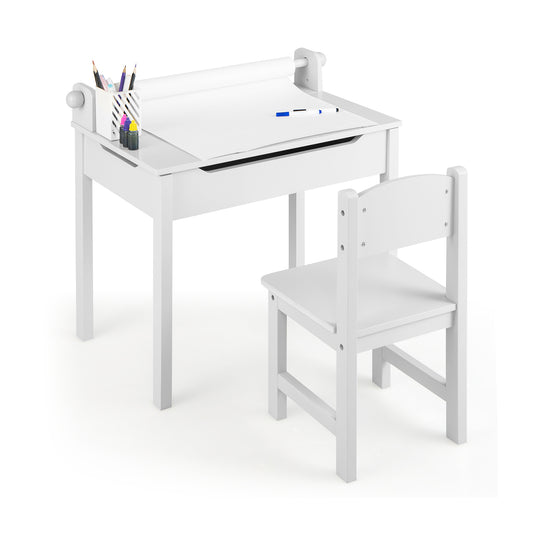 Wooden Kids Table and Chair Set with Storage and Paper Roll Holder-White Kids Crystal