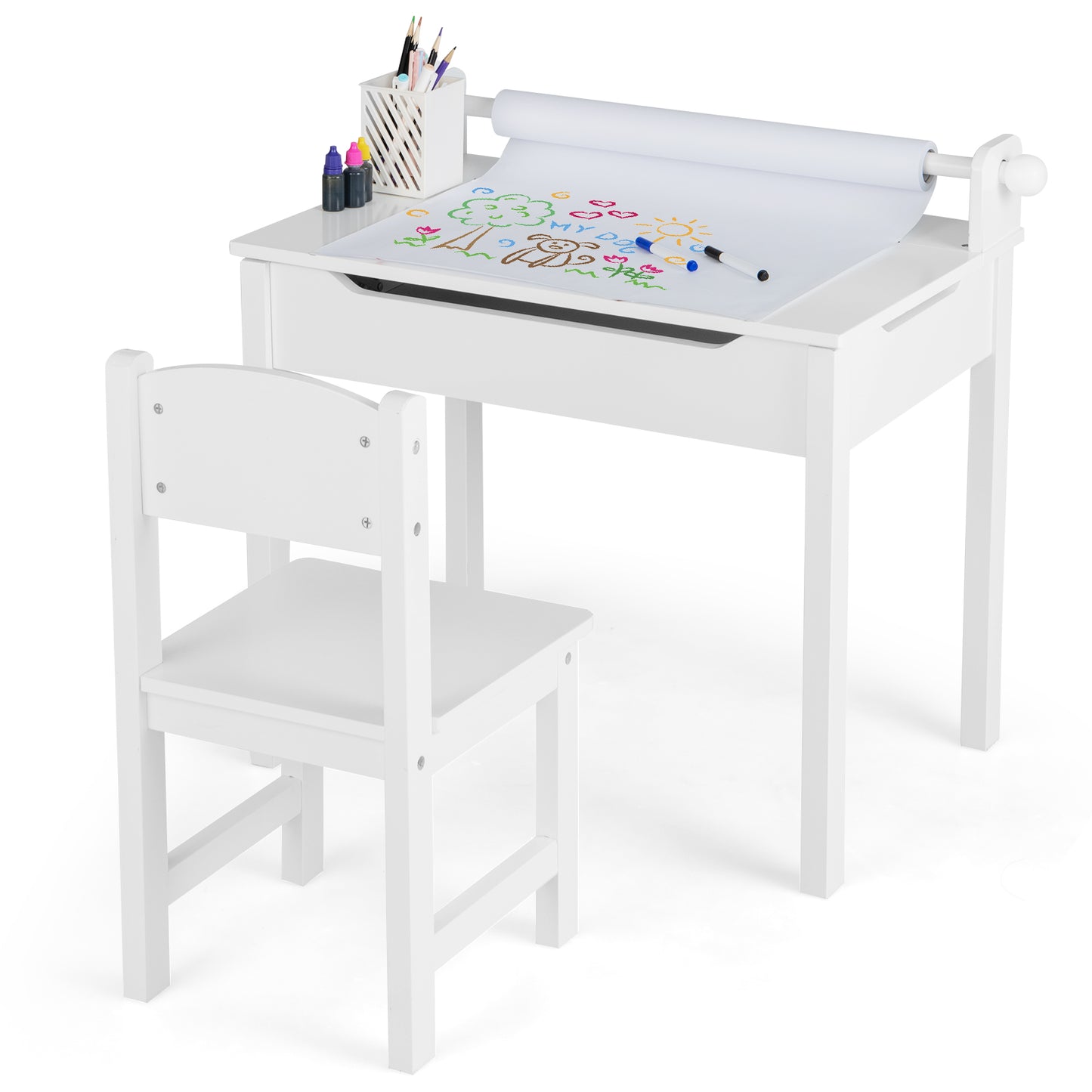 Wooden Kids Table and Chair Set with Storage and Paper Roll Holder-White Kids Crystal