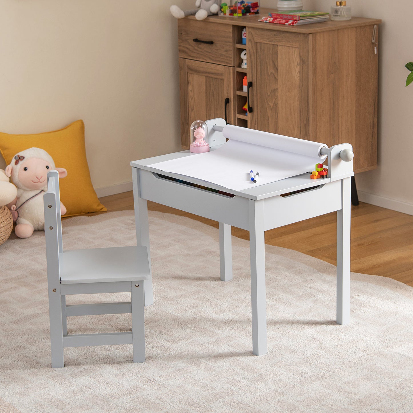 Wooden Kids Table and Chair Set with Storage and Paper Roll Holder-Gray Kids Crystal