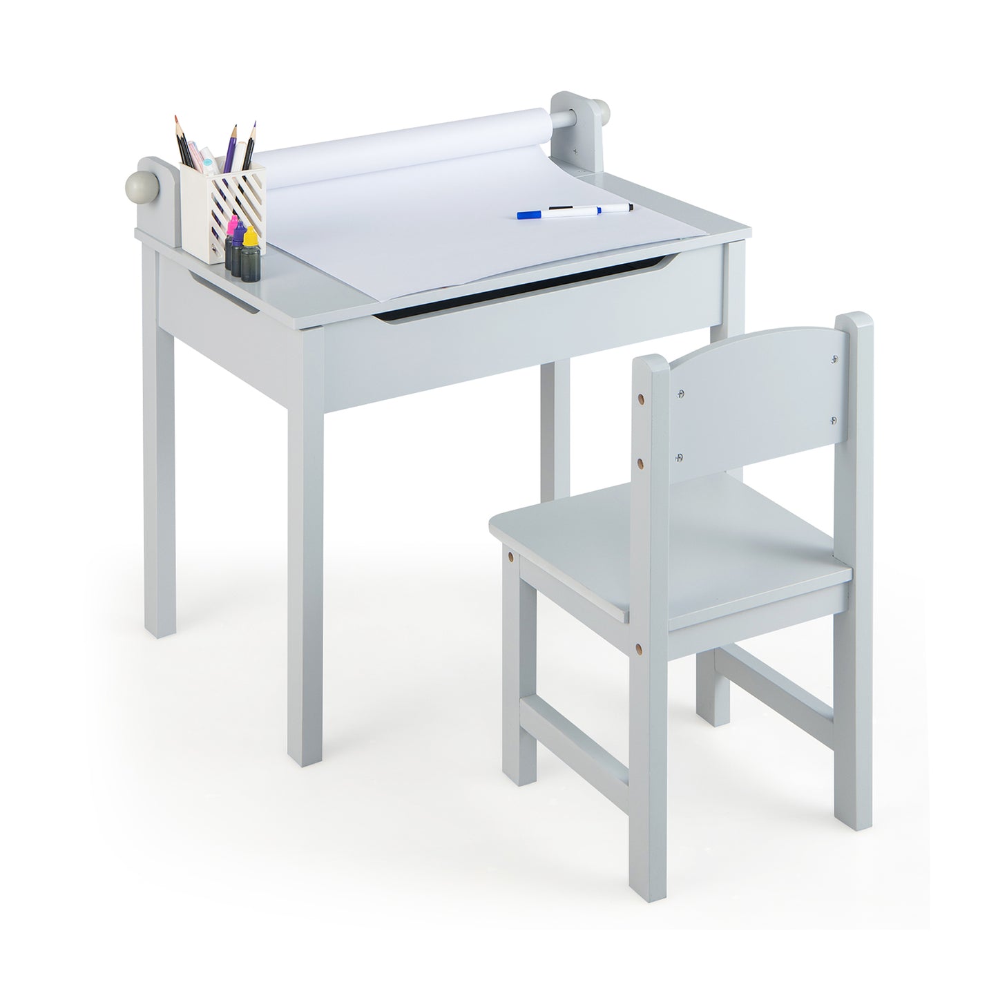 Wooden Kids Table and Chair Set with Storage and Paper Roll Holder-Gray Kids Crystal