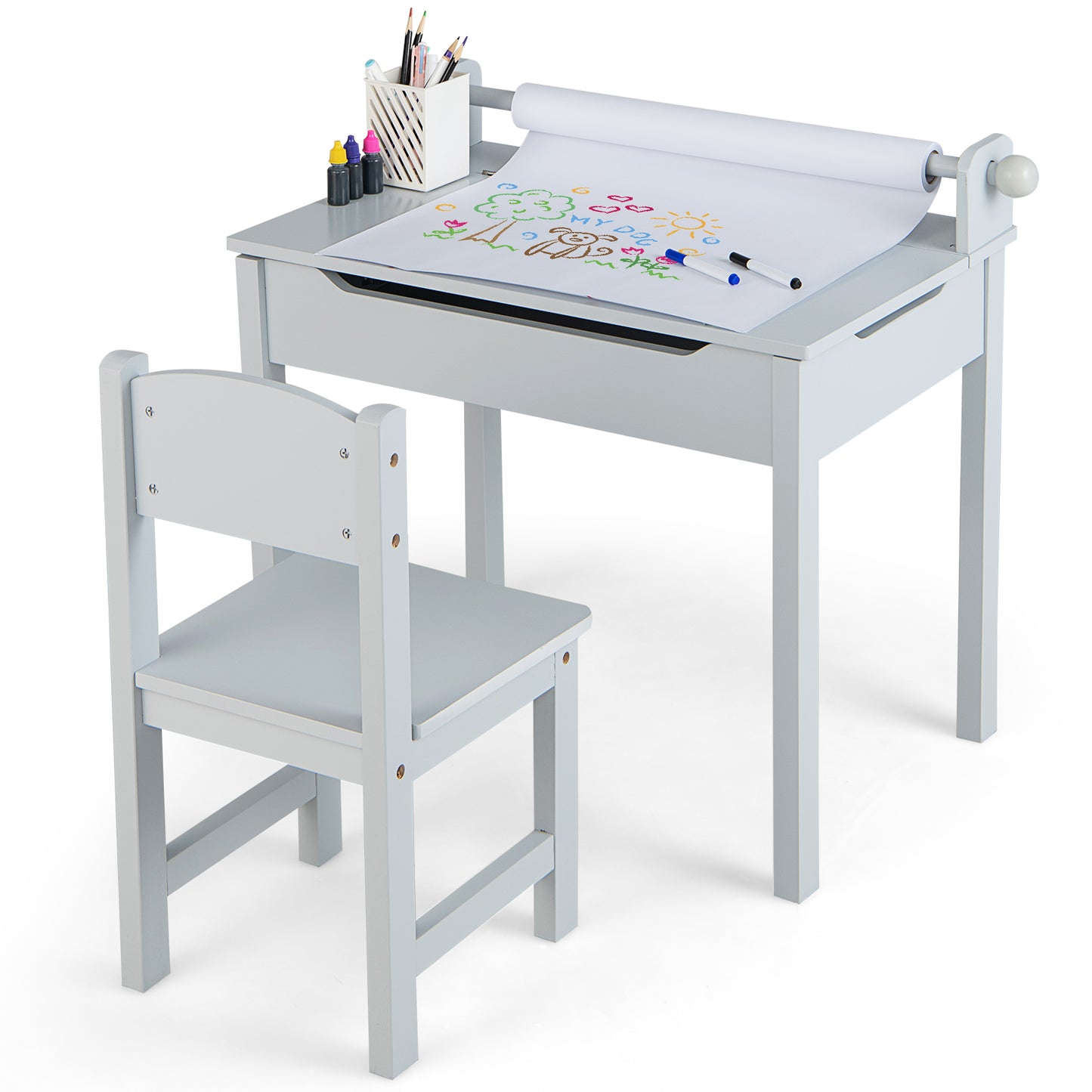 Wooden Kids Table and Chair Set with Storage and Paper Roll Holder-Gray Kids Crystal