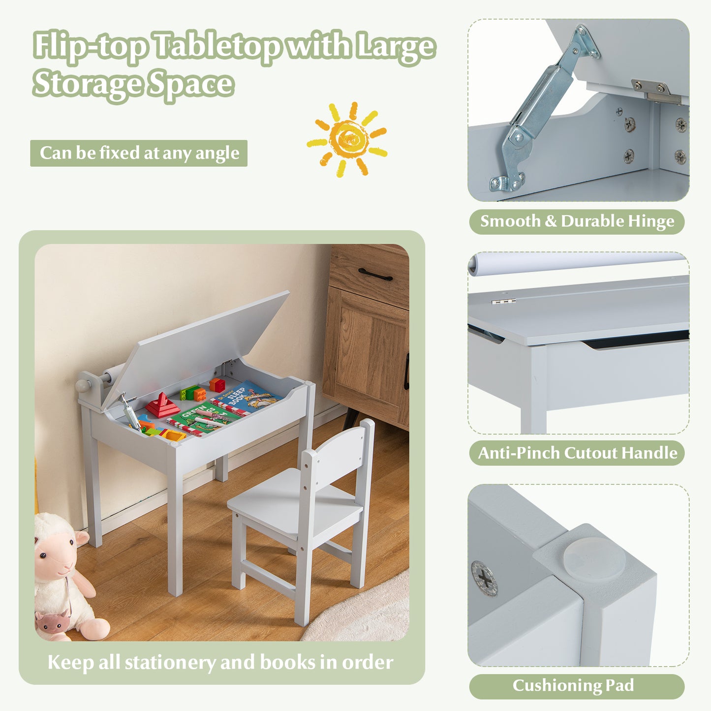 Wooden Kids Table and Chair Set with Storage and Paper Roll Holder-Gray Kids Crystal