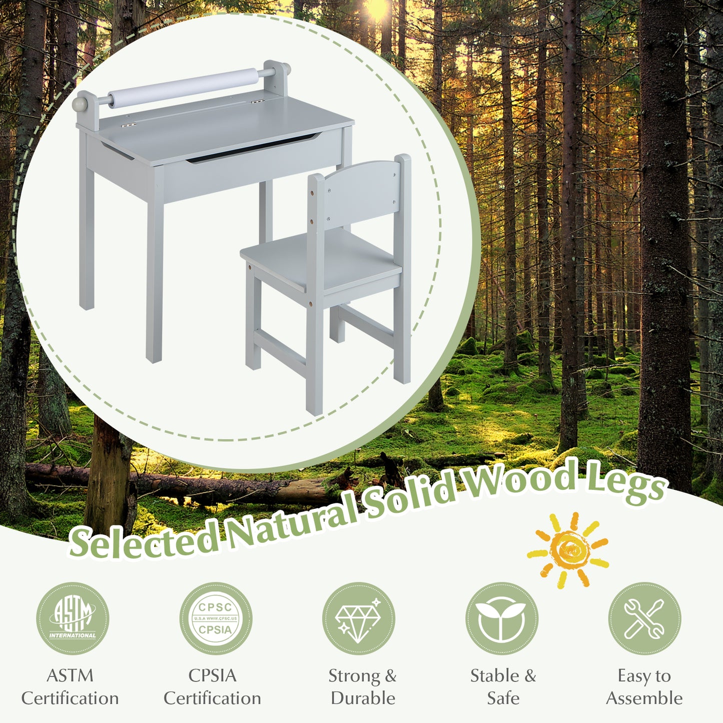 Wooden Kids Table and Chair Set with Storage and Paper Roll Holder-Gray Kids Crystal