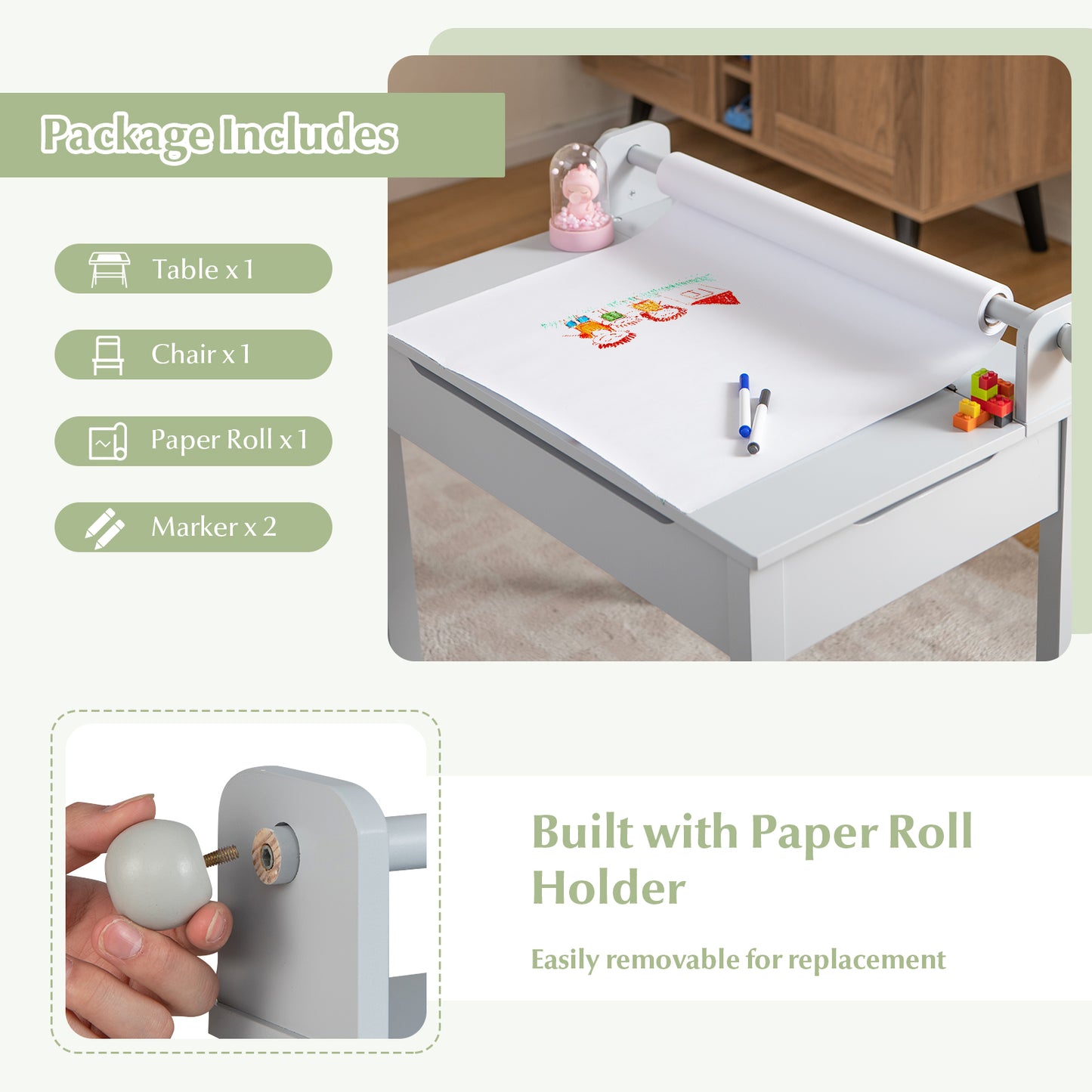 Wooden Kids Table and Chair Set with Storage and Paper Roll Holder-Gray Kids Crystal