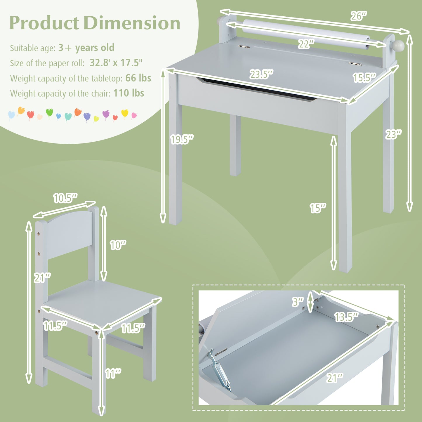 Wooden Kids Table and Chair Set with Storage and Paper Roll Holder-Gray Kids Crystal