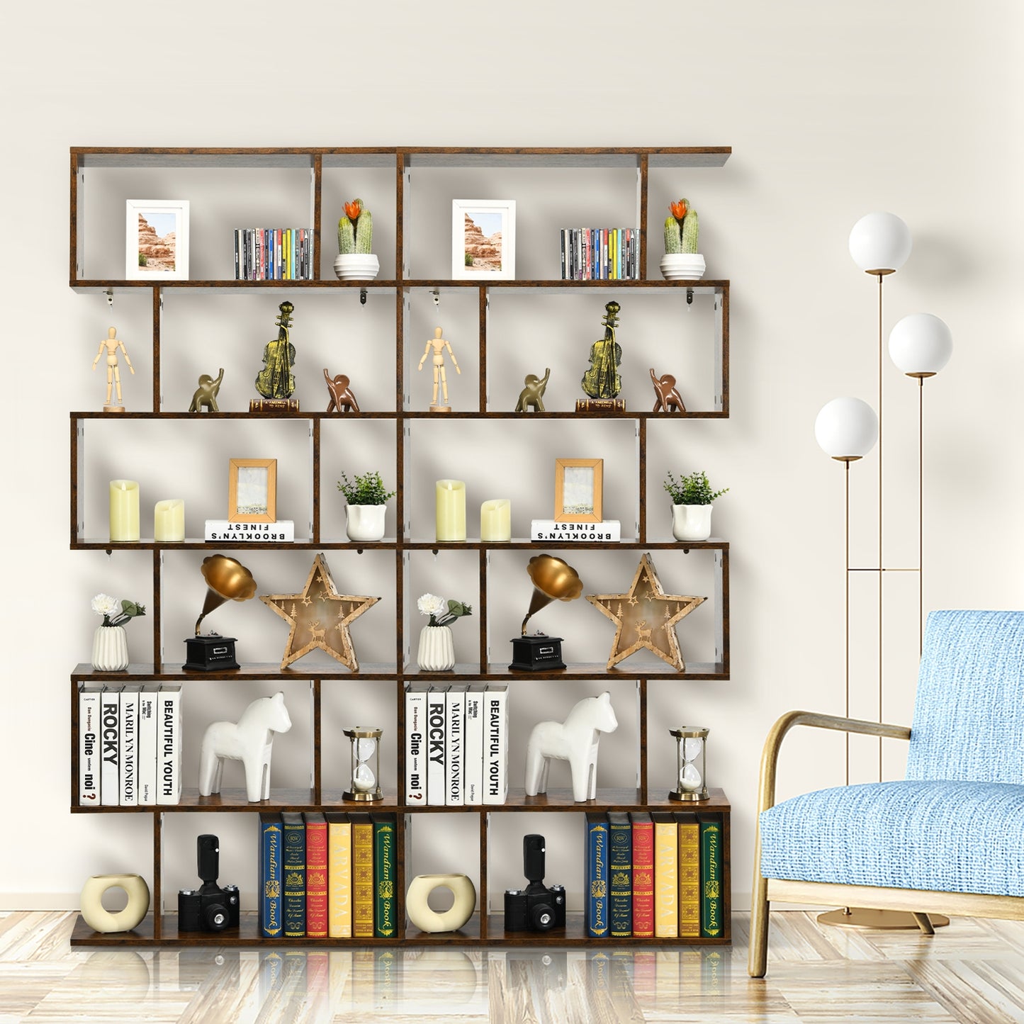 6 Tier S-Shaped Bookshelf Storage Display Bookcase Decor Z-Shelf -Coffee Kids Crystal