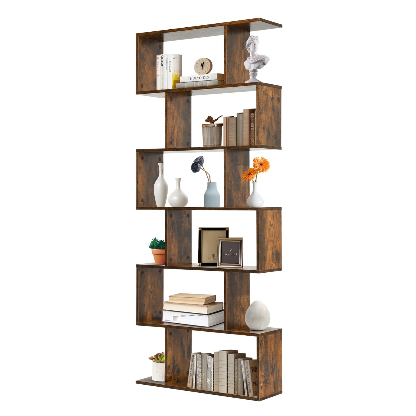6 Tier S-Shaped Bookshelf Storage Display Bookcase Decor Z-Shelf -Coffee Kids Crystal