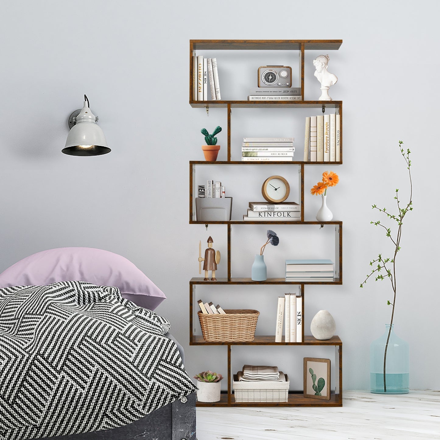 6 Tier S-Shaped Bookshelf Storage Display Bookcase Decor Z-Shelf -Coffee Kids Crystal